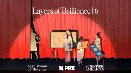 An illustration of a woman scientist standing on a lit stage in front of a poster in a spotlight with other women scientists exiting the stage around her