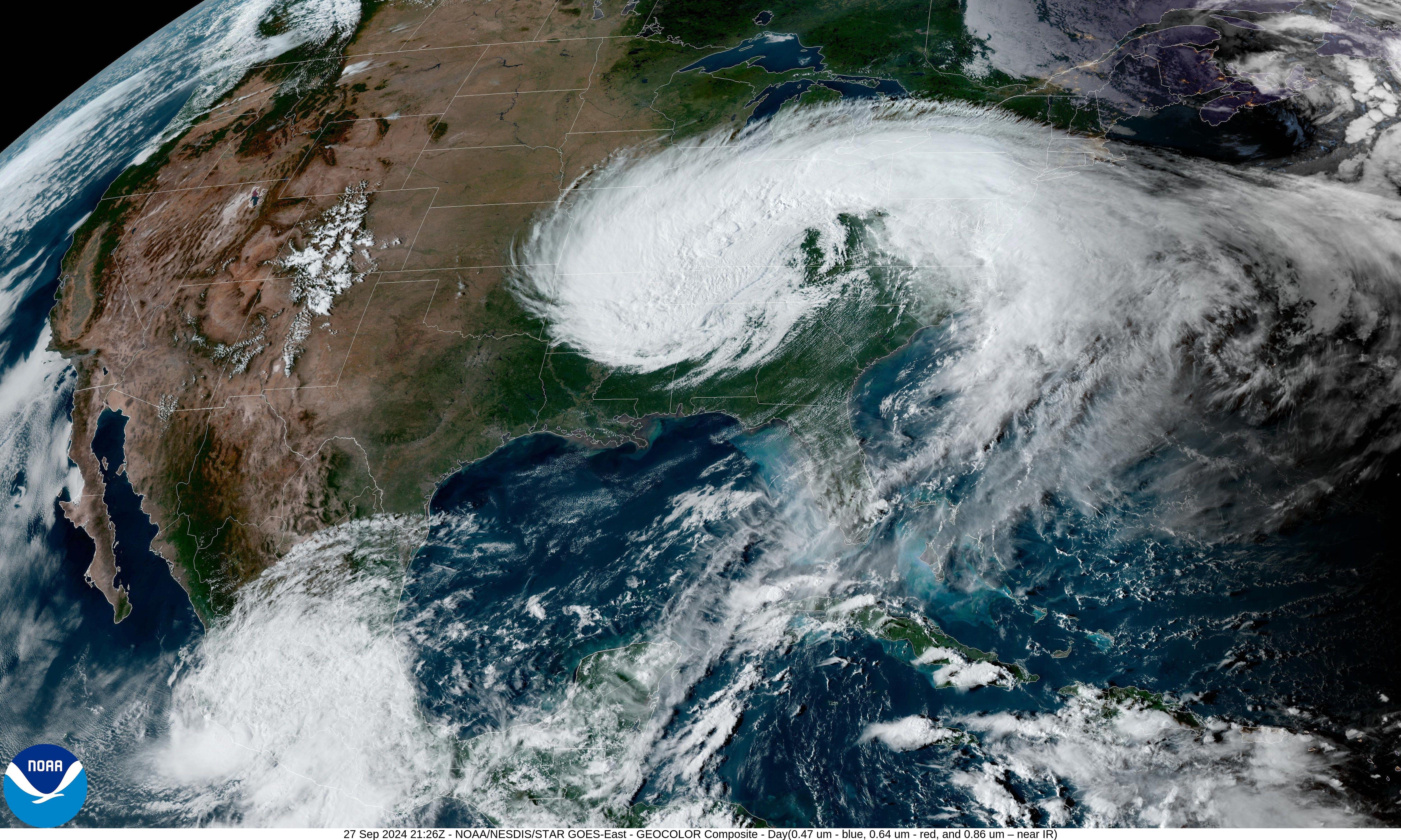 The remnants of Hurricane Helene begin to dissipate over the United States in this NOAA satellite from Sept. 27, 2024