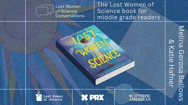 An illustration of a book laying on a colorful surface with words on the book jacket that read "Lost Women of Science"