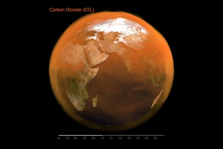 Volumetric visualization of the total carbon dioxide (CO₂) on a global scale added on Earth's atmosphere over the course of the year 2021.