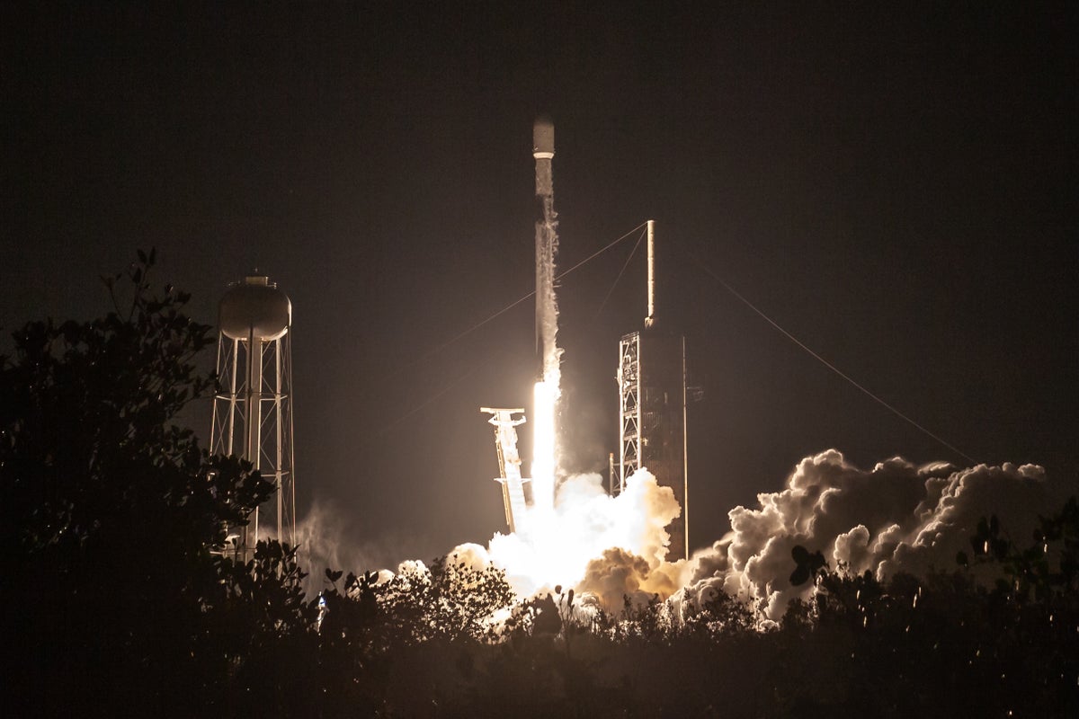 A SpaceX Falcon 9 rocket launches from launch pad 30A at the Kennedy Space Center, carrying the Intuitive Machines Moon Lander Athena.