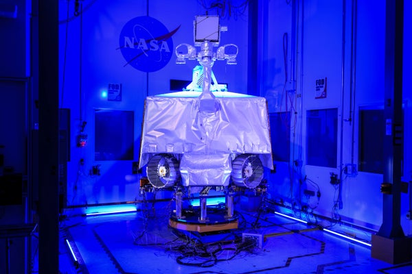 NASA’s VIPER – short for the Volatiles Investigating Polar Exploration Rover – sits assembled inside the cleanroom at the agency’s Johnson Space Center