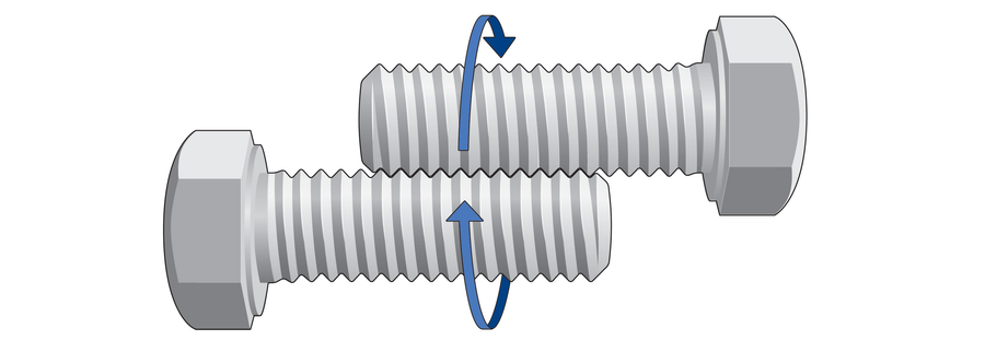 Graphic shows two bolts oriented in opposite directions and placed so that their grooves fit together with arrows indicating that each rotates up and away from the viewer.