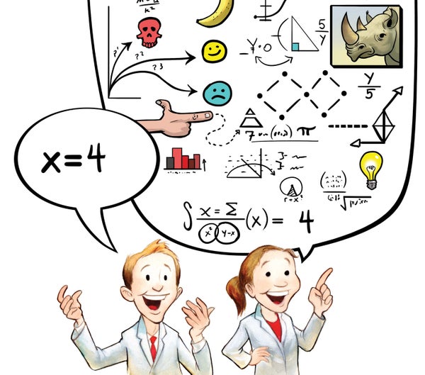 Illustration of two people in white lab coats, with a large text bubble above them showing different mathematical equations