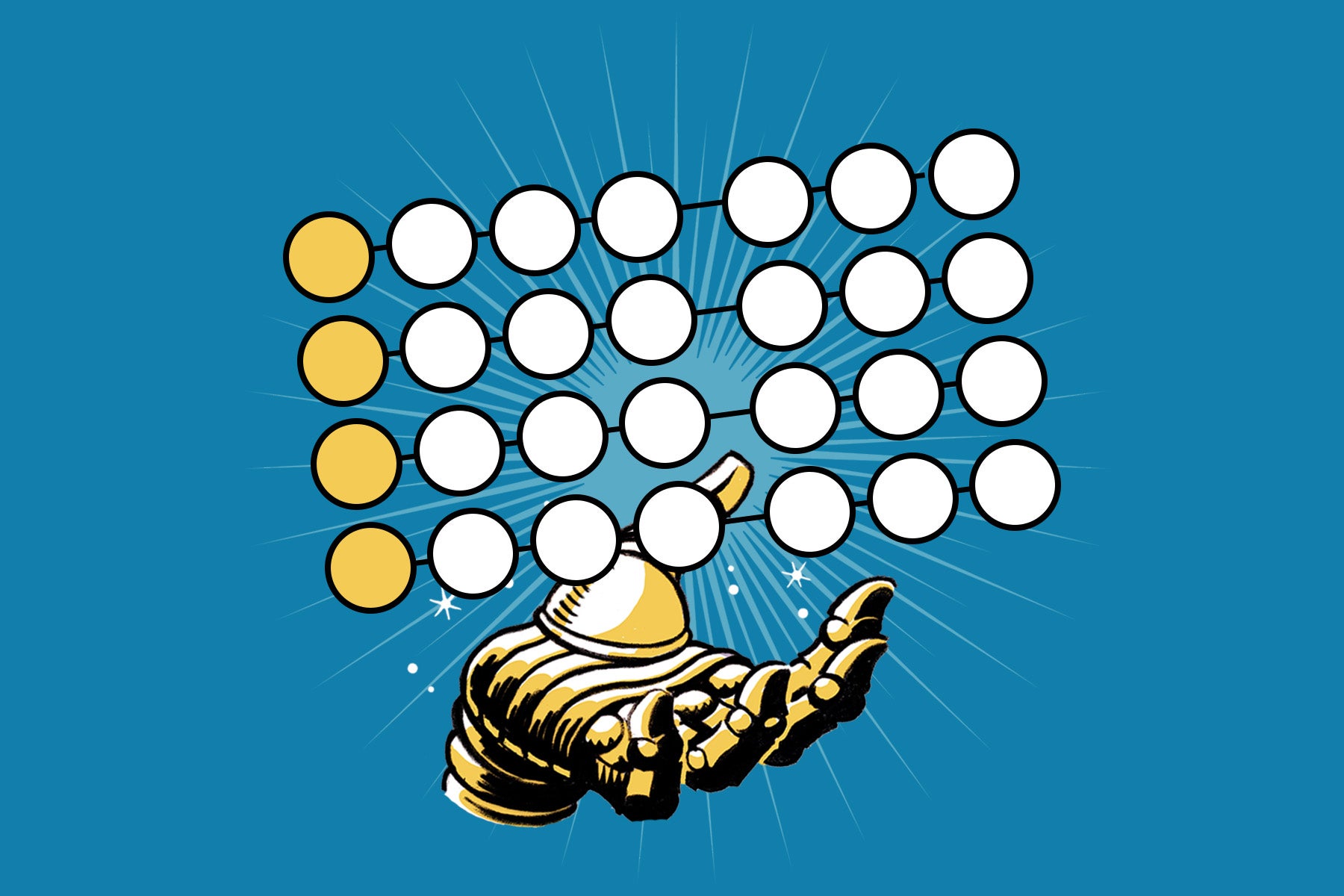 A robotic hand holds out an abacus-like word game in this illustration