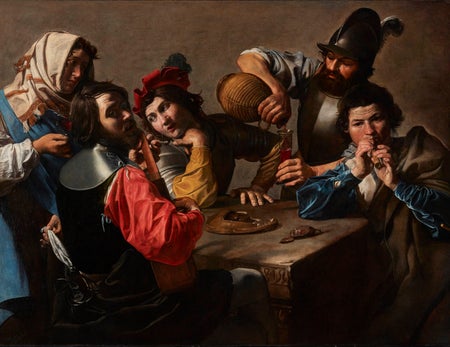 Painting of five people, some drinking wine