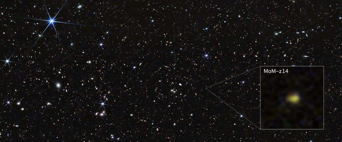 NASA's James Webb Space Telescope shows galaxy MoM-z14 as it appeared in the distant past (a blurry speck) only 280 million years after the universe began in the big bang.