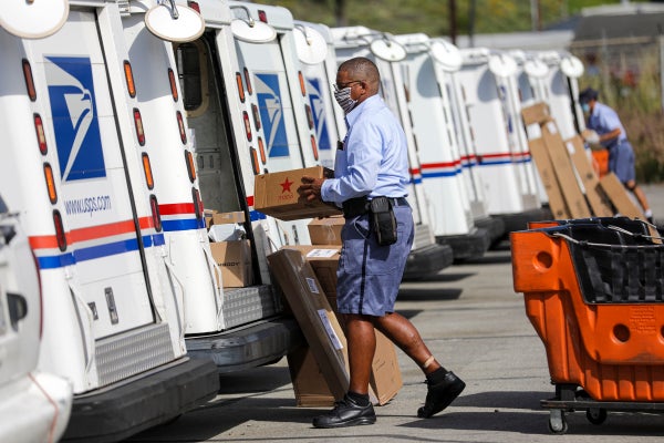 A postal carrier loads mail in his truck which stands in a row with other USPS vehicles.