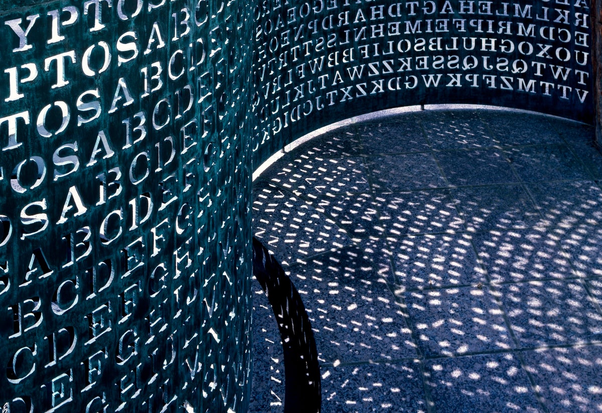 The copper sculpture showing the Kryptos code sitting in front of the CIA headquarters in Virginia.