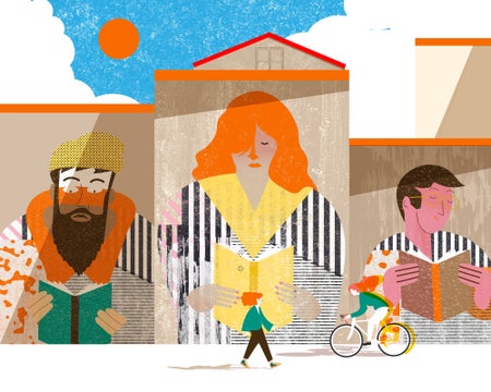 Illustration of murals of cartoon-like people reading books