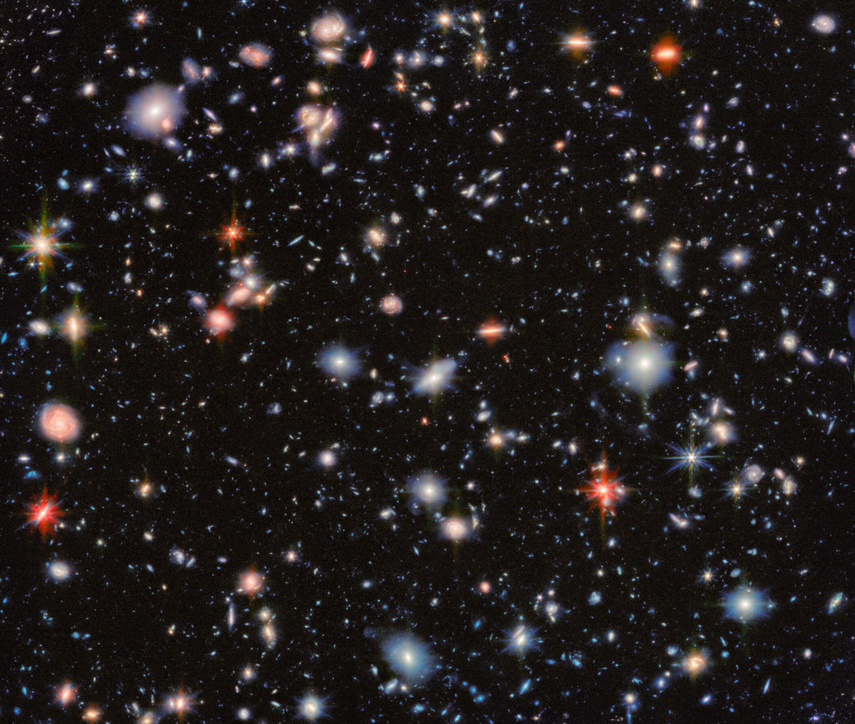A space image showing the Hubble Ultra Deep Field, through the eyes of two instruments on the James Webb Space Telescope. 
