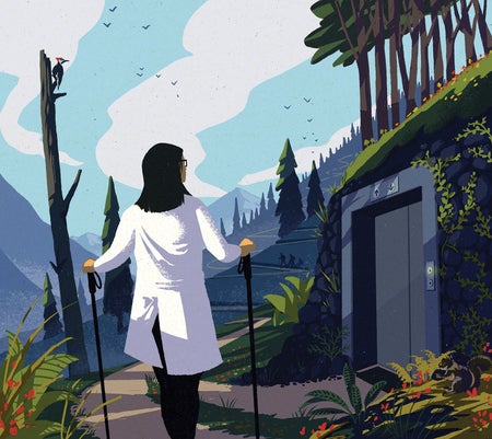 Illustration of a woman in a white lab coat with walking sticks, walking to an elevator within a forest