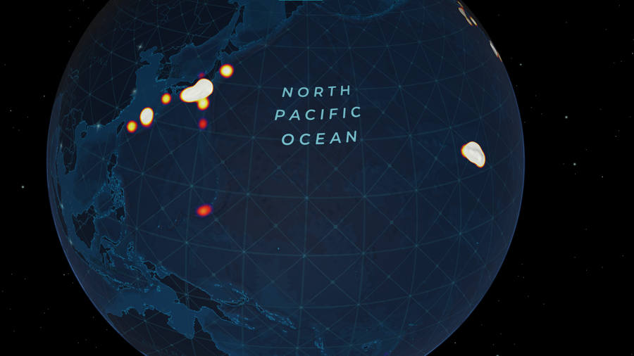 Global heat map showing the size of the oceans with the comparatively small concentration of known deep-sea dive sites with visual observations in the Pacific Ocean. Concentrations of sites are mainly located close to land along the coasts of Asia and Hawaii