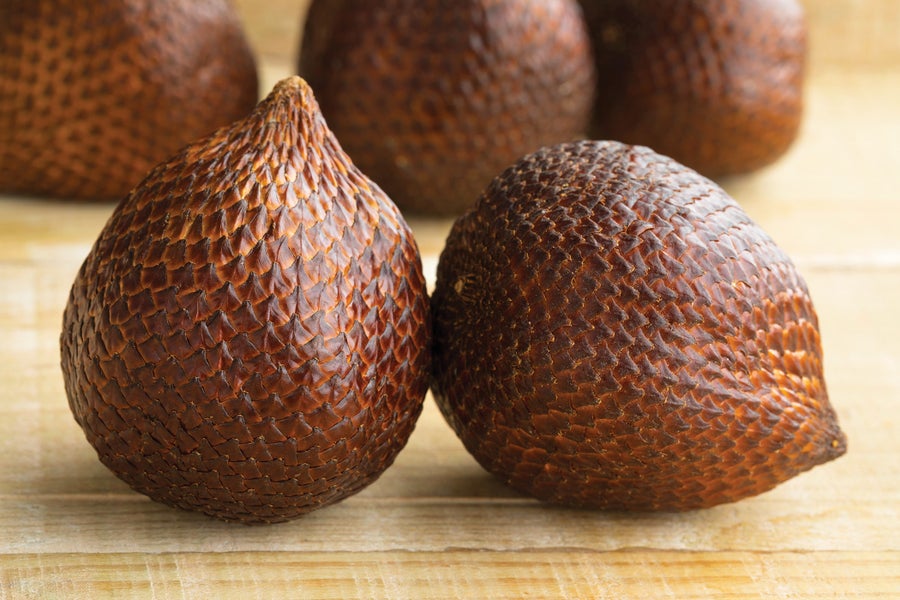 Wide view of whole, fresh, ripe salak fruit
