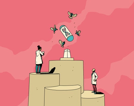 Illustration of a pill flying in the air above two human characters