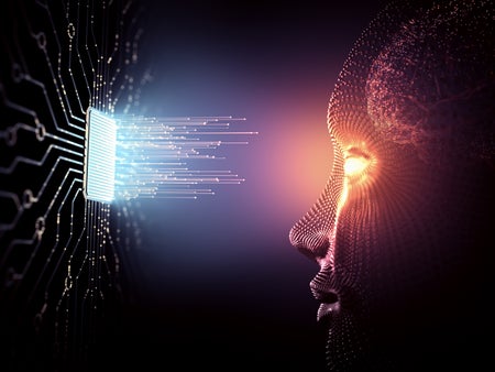 Digital human face composed of glowing particles connects to futuristic microchip emitting bright data streams