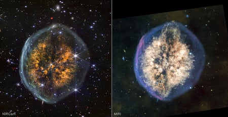 Two images side by side show the Exposed Cranium Nebula in near- and mid-infrared