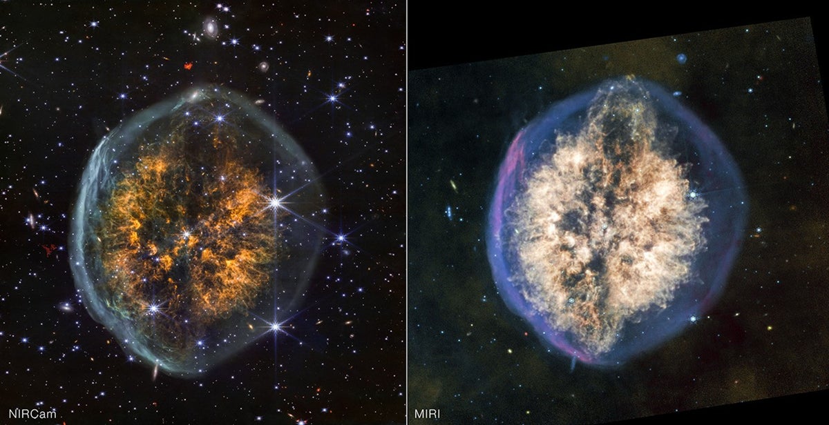 Two images side by side show the Exposed Cranium Nebula in near- and mid-infrared
