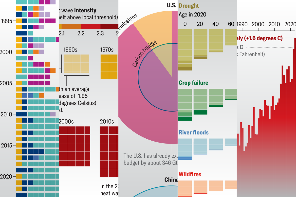 Cropped image shows parts of five different graphics related to climate change.