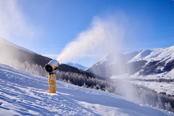 A overview of the progress of work on the construction of ski slopes and ski jumps with snow cannons.