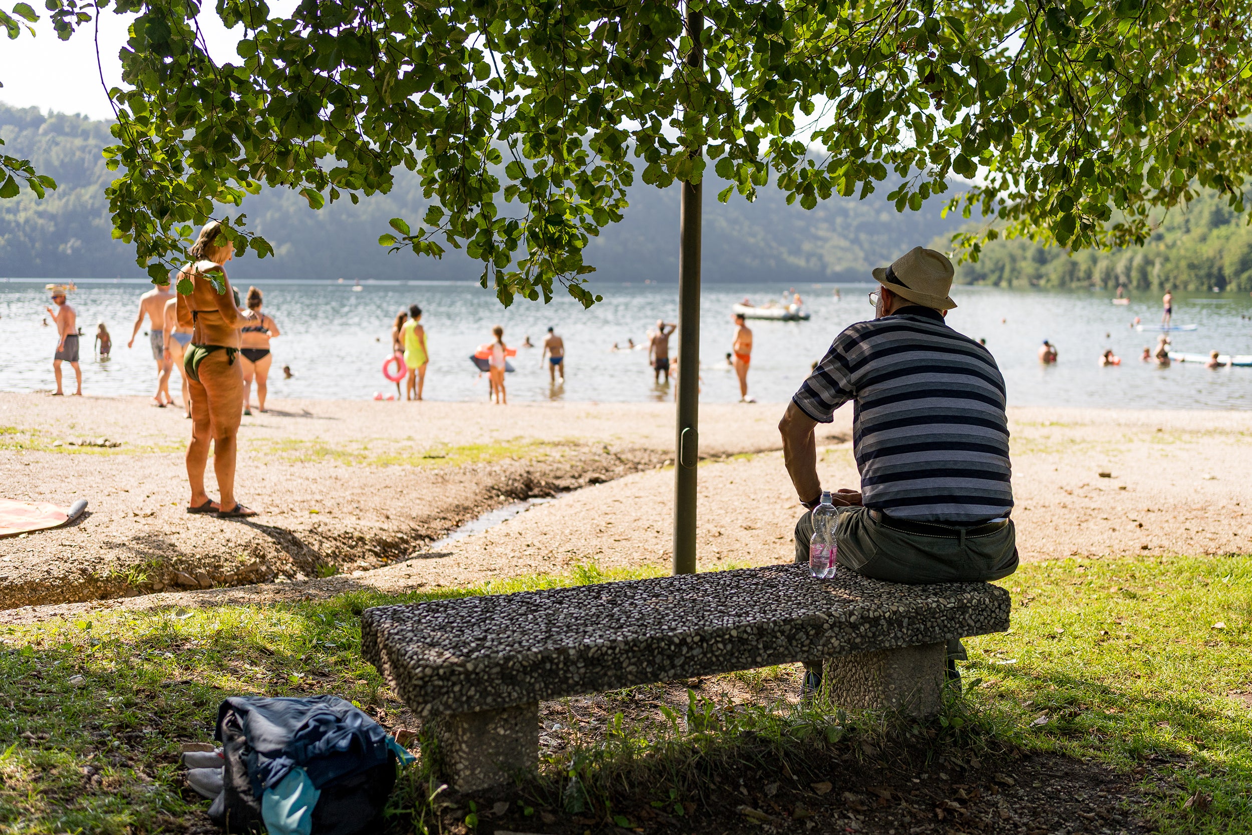 Elderly man sitting in shade beneath leafy lakeside tree