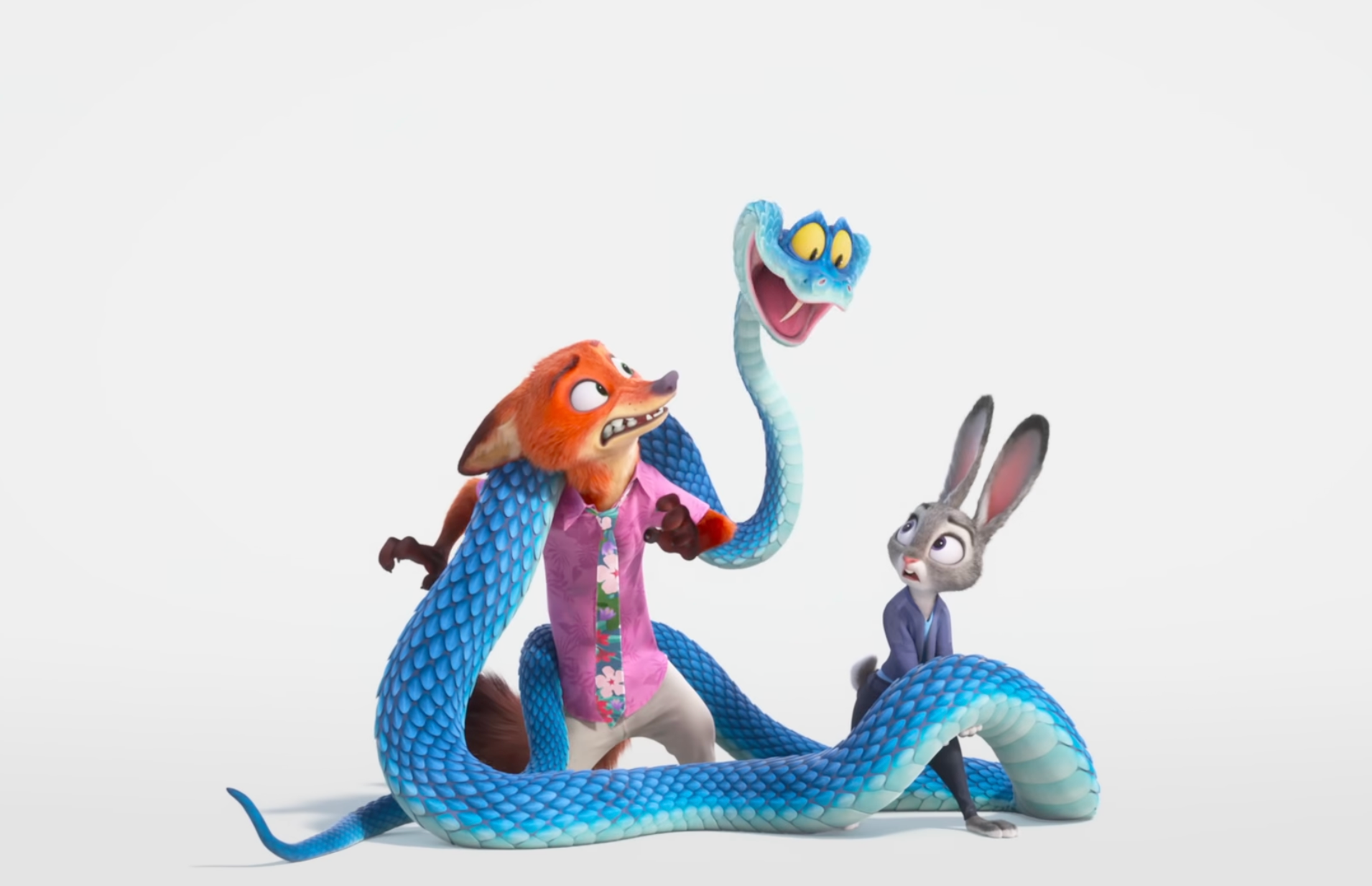 An animated snake wrapped around a fox and a rabbit