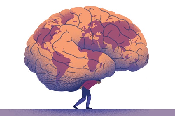 Illustration of a person carrying a large brain on their back