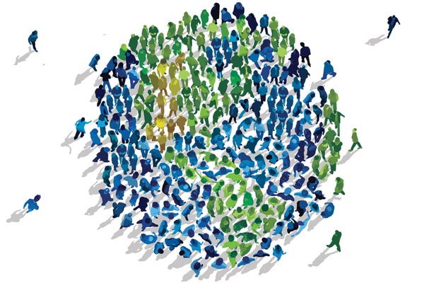 Illustration of many people in a circle, from above the colors of the people appear to show the globe
