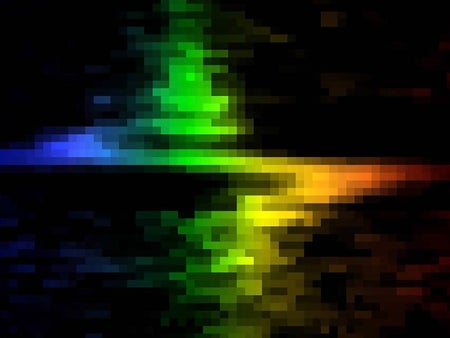 A jagged rainbowlike spectrum produced by Hubble Space Telescope observations of the core of the galaxy M84. Blue coloration (left) and red coloration (right) indicates where motions of stars and gas were towards and away from our solar system, respectively. These features can collectively be used to weigh the hidden supermassive black hole at M84's heart.