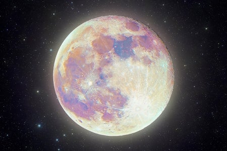 Creative photo illustration, highly detailed colorful "Supermoon" Pink Moon image with a star field background