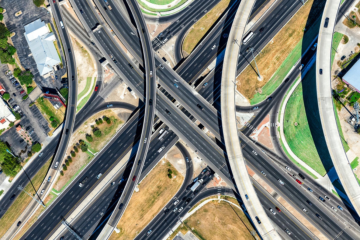 Aerial view of two major urban freeways just outside of downtown Austin, Texas.