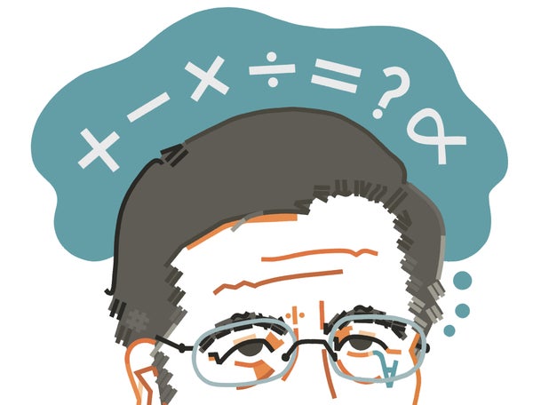 Top half of person with glasses math symbols in teal bubble above his head