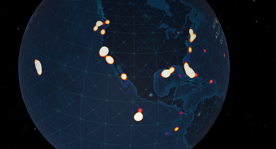 Global heat map showing the size of the oceans with the comparatively small concentration of known deep-sea dive sites surrounding North America. Concentrations are mainly located close to land along the continental coasts and Hawai