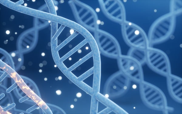 A depiction of DNA helices surrounded by glowing dots.