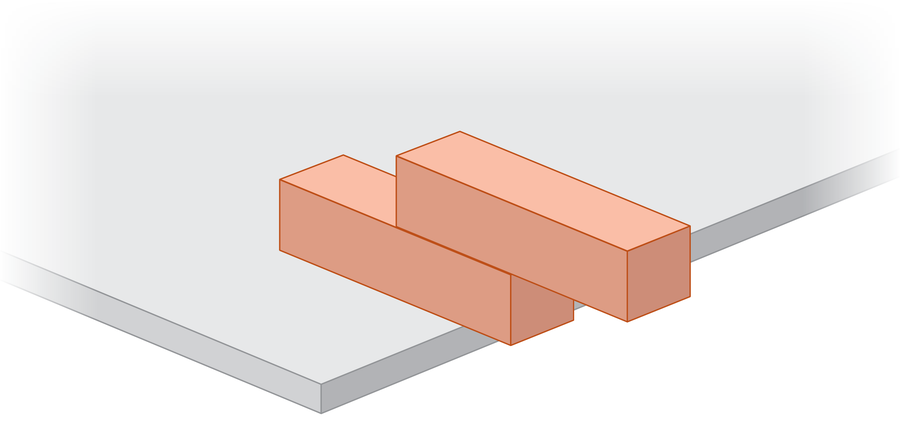 O gráfico mostra dois blocos Jenga idênticos empilhados em uma mesa e orientados perpendiculares à borda. O bloco inferior se estende um pouco além da borda da tabela, e o bloco superior se estende além da parte inferior pela metade do comprimento.