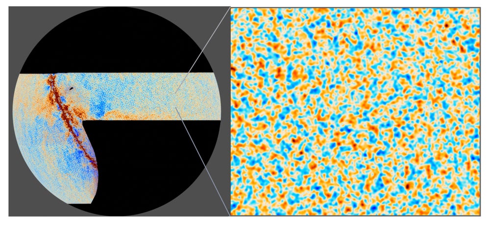 Una visualización de los datos de polarización de ACT para el fondo cósmico de microondas, que ayuda a rastrear los movimientos del material en el universo temprano.
