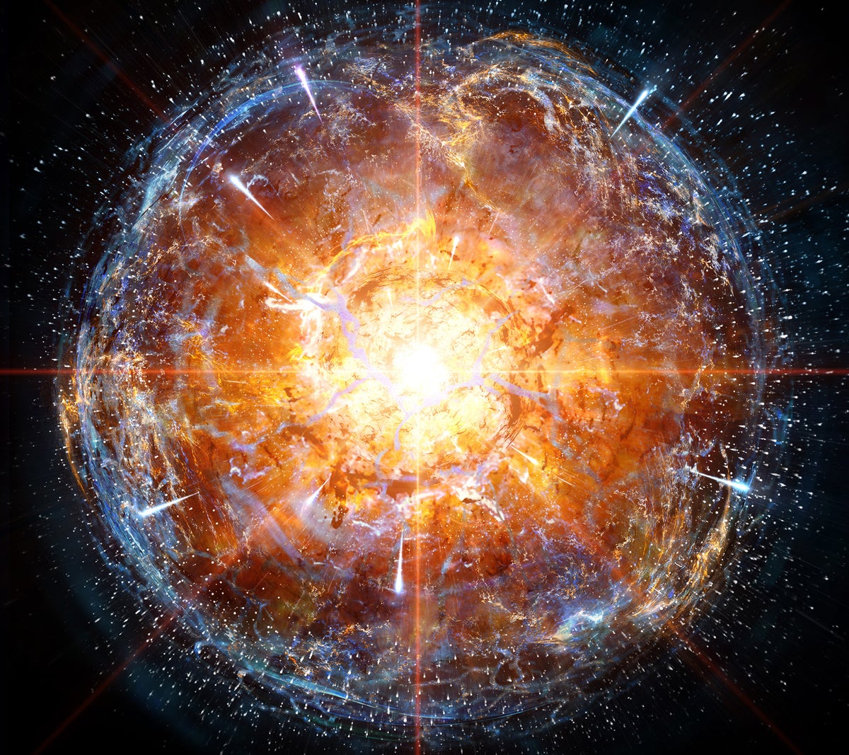 A sphere of light explodes from a single point.