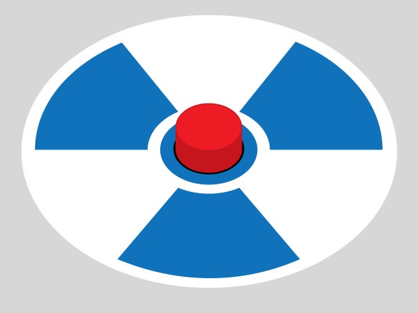 Drawing of a nuclear warning trefoil symbol with a button in the center