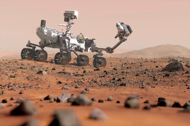 An illustration of NASA's Perseverance Mars rover on the surface of the Red Planet