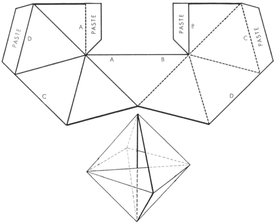 Flat symmetrical pattern made up of 9 triangles and 4 tabs next to a schematic of a dimensional shape resembling a pyramid stacked set on top of an upside-down pyramid.