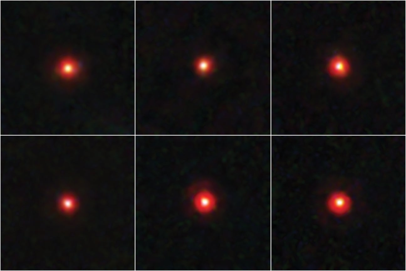 Grid of six images. Each panel holds a red glowing dot in a black field.