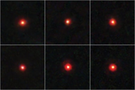 Grid of six images. Each panel holds a red glowing dot in a black field.
