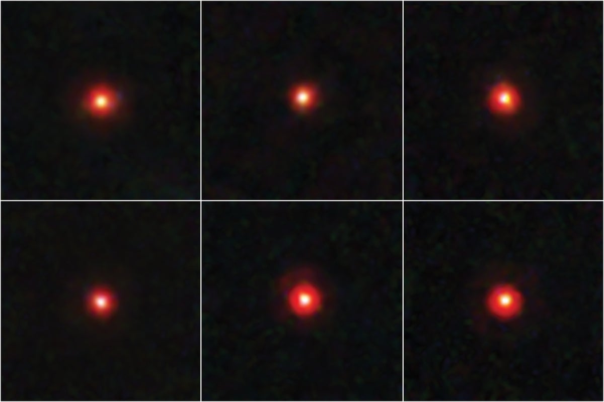 Grid of six images. Each panel holds a red glowing dot in a black field.