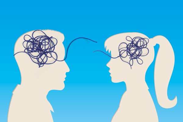 Cutout silhouettes of two people facing each other with tangled yarn over heads and single thread reaching towards the center