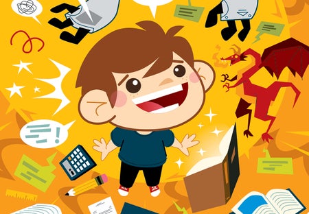 illustration of an enchanted child surrounded by books, friendly dragons, calculators, and robots.