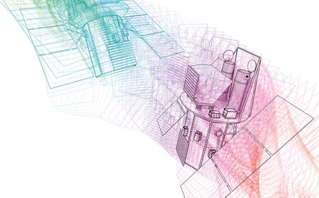 An abstract and colorful line drawing of a telescope tumbling through space.