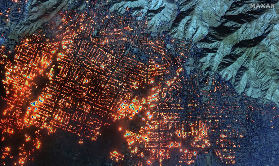 Maxar shortwave infrared closer satellite image of burning buildings in Altadena, California on January 8, 2025. The majority of the buildings along the grid of city streets in the image appear to be ablaze