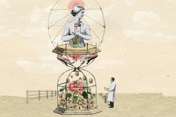 Conceptual illustration of an hourglass with eggs on the bottom and a human on the top