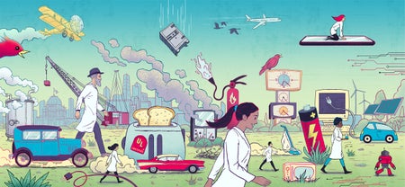 Cartoon illustration of a city and different people