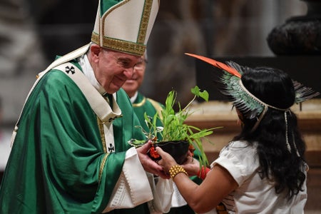 Pope Francis (L) receives a plant offered by an Amazon native as he celebrates the closing mass of the Synod on Amazonia on October 27, 2019 at the Saint Peter's Basilica in the Vatican.